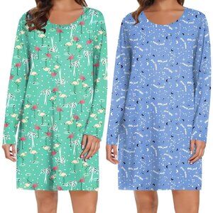 Long Sleeve Sleep Shirt Nightgown 2 Pack Soft Polyester Spandex S-3XL